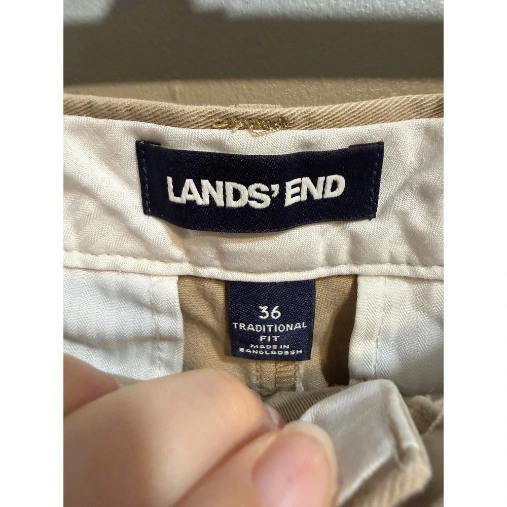 Lands End Mens 36 Traditional Fit Pleated Chino Pants Khaki Tan 100% Cotton